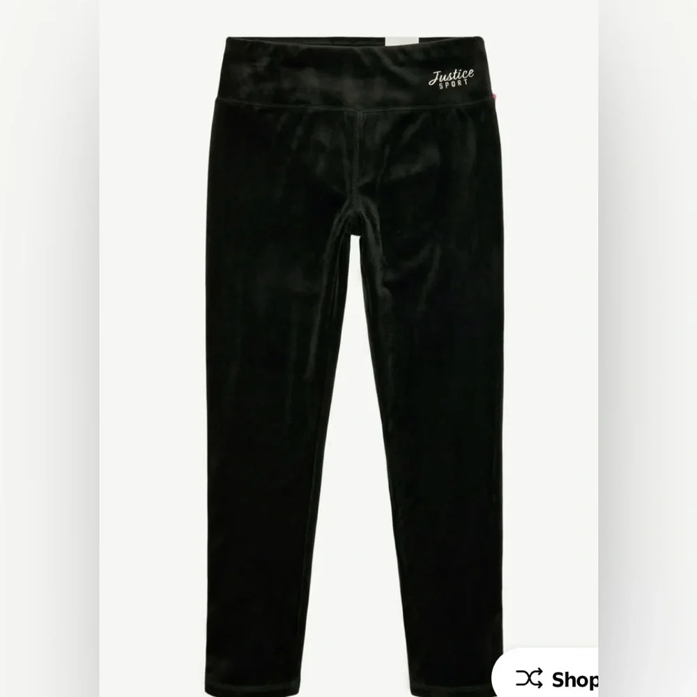 NWT Justice Sport Black Velvet‎ Leggings Girls L 12/14 High Rise Stretch Pants